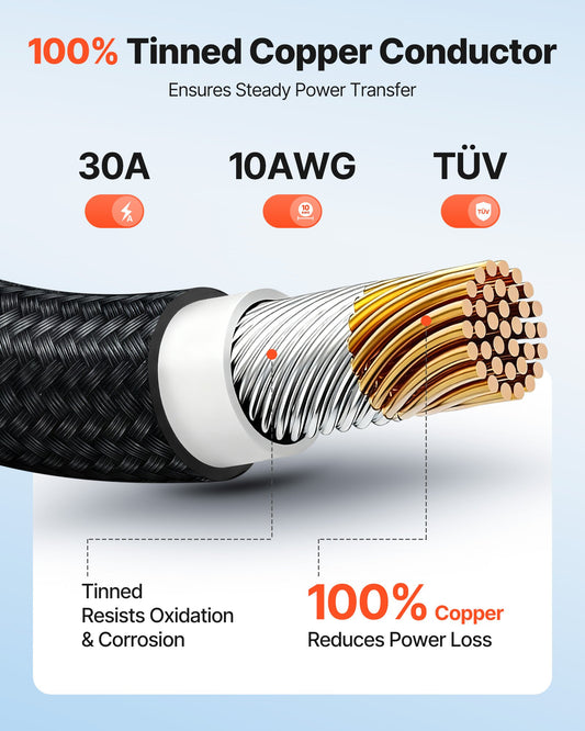 9.14 m Solar Panel Extension Cable, 10 AWG, Solar Panel Wire with Flame Retardant Protective Sleeving, Female and Male Connectors, IP67 Waterproof PV Wire, for Outdoor Automotive RV, Black & Red