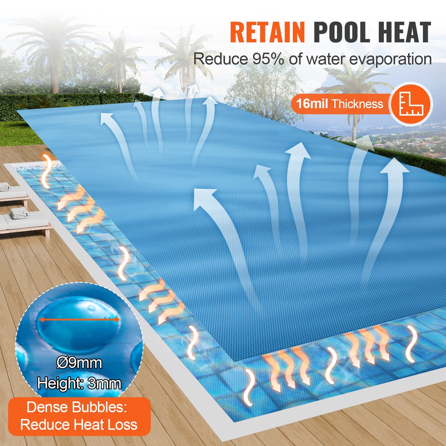 VEVOR Solar Pool Cover, 36 x 18 ft Rectangle Solar Blanket for Pools, Inground Above