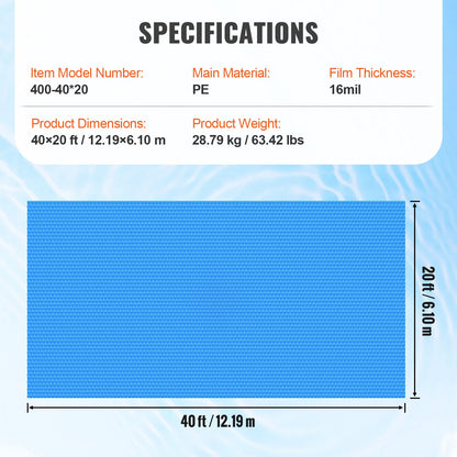 VEVOR Solar Pool Cover, 40 x 20 ft Rectangle Solar Blanket for Pools, Inground Above