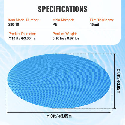 Round Solar Pool Cover, 3.05m, Heat Retaining, Reduces Evaporation, Blue, 15 mil