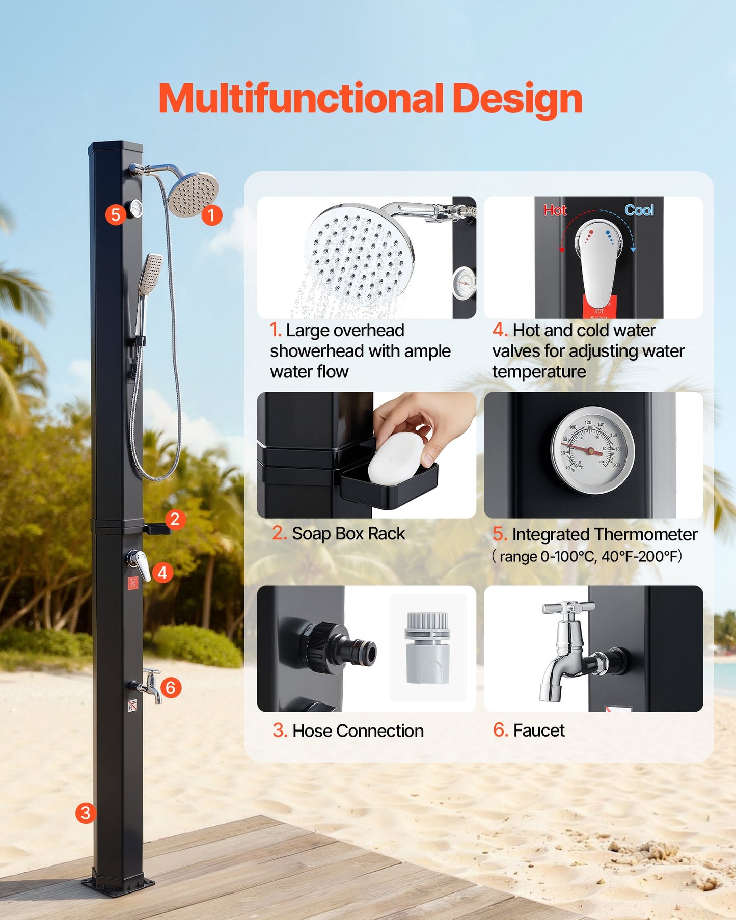 40L Solar Heated Shower, 205cm Showerhead Height Outdoor Shower, with Handheld & Foot Faucet, Hot & Cold Water Adjustment, Freestanding for Backyard Poolside Beach Pool, Black