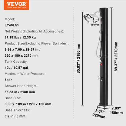 VEVOR Outdoor Solar Heated Shower, 40L Poolside Shower Kit with 2 Shower Head and