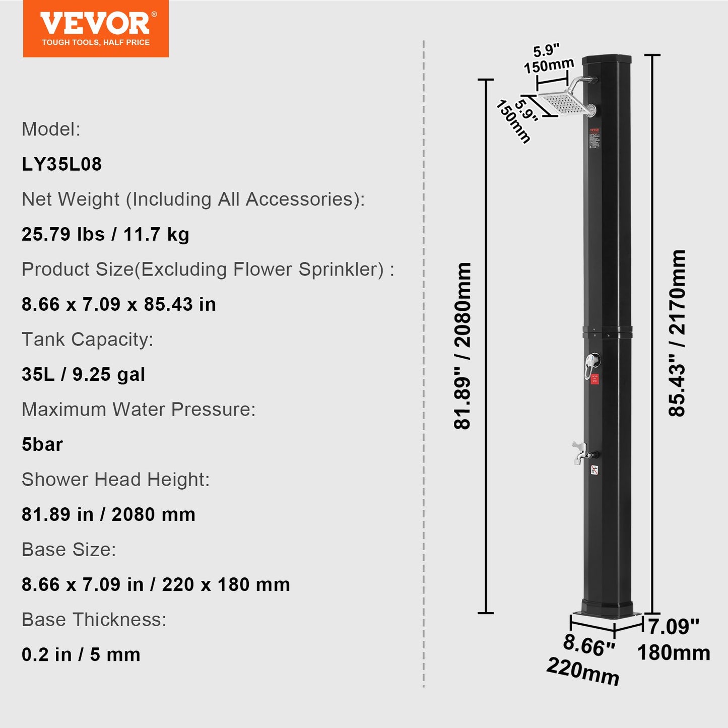 VEVOR Outdoor Solar Heated Shower, 35L Poolside Shower Kit with Shower Head and