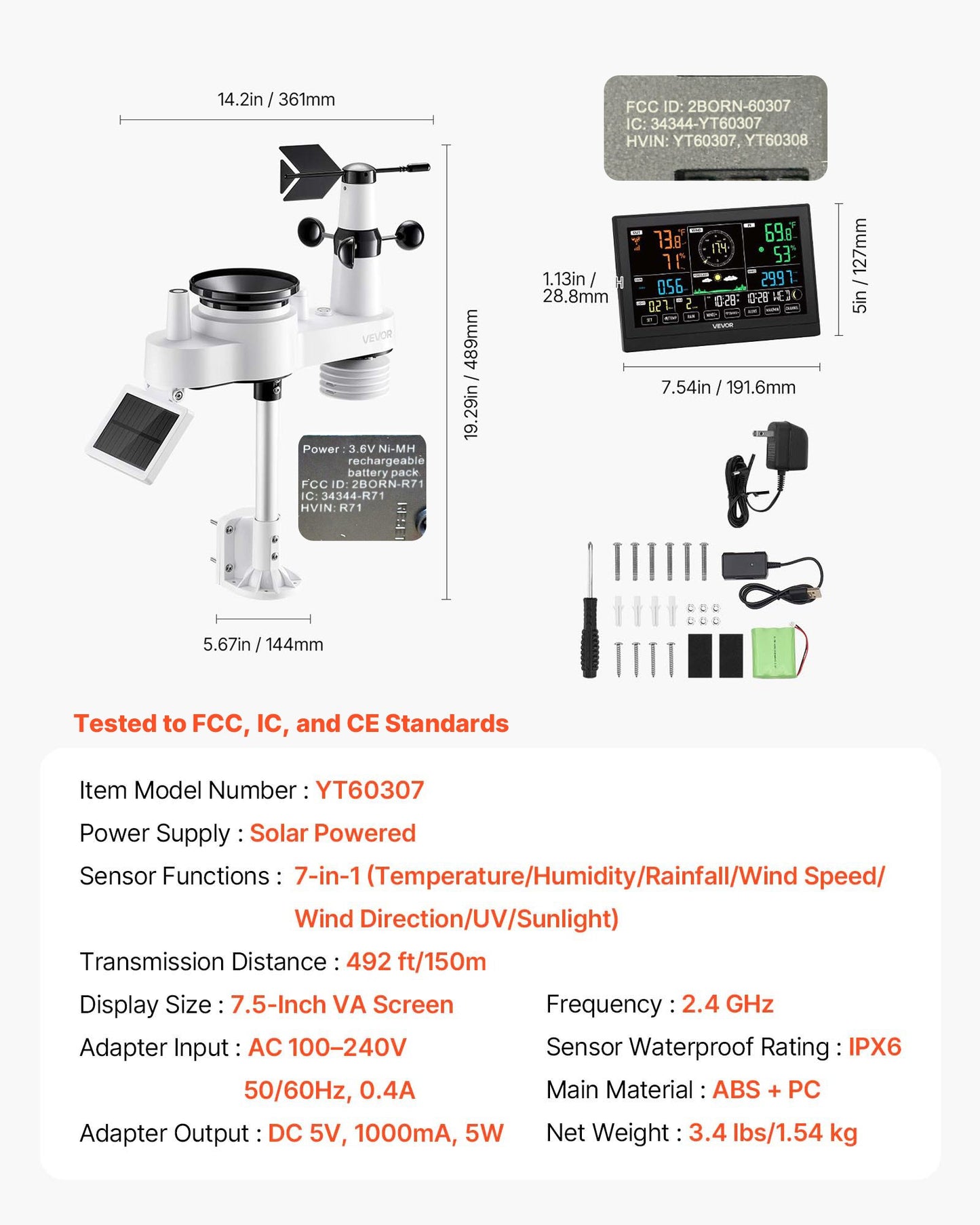 7-in-1 Wi-Fi Weather Station with APP, 190.5 mm VA Display, Wireless Solar Powered Outdoor Sensor, Rain Gauge, Indoor Outdoor for Weather Forecast, Wind Speed, Temperature, Humidity, Rainfall