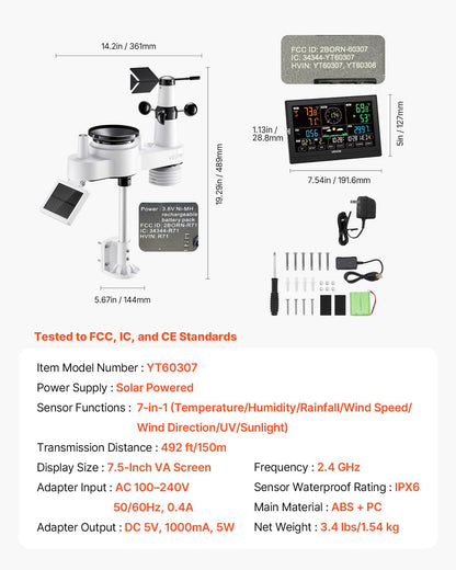 7-in-1 Wi-Fi Weather Station with APP, 190.5 mm VA Display, Wireless Solar Powered Outdoor Sensor, Rain Gauge, Indoor Outdoor for Weather Forecast, Wind Speed, Temperature, Humidity, Rainfall