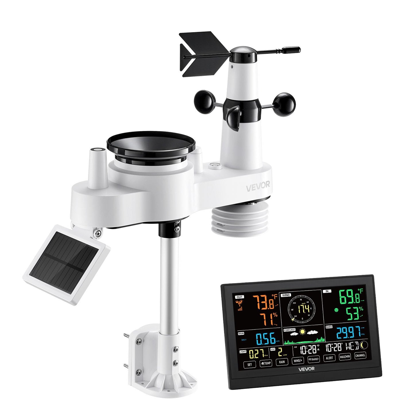 7-in-1 Wi-Fi Weather Station with APP, 190.5 mm VA Display, Wireless Solar Powered Outdoor Sensor, Rain Gauge, Indoor Outdoor for Weather Forecast, Wind Speed, Temperature, Humidity, Rainfall