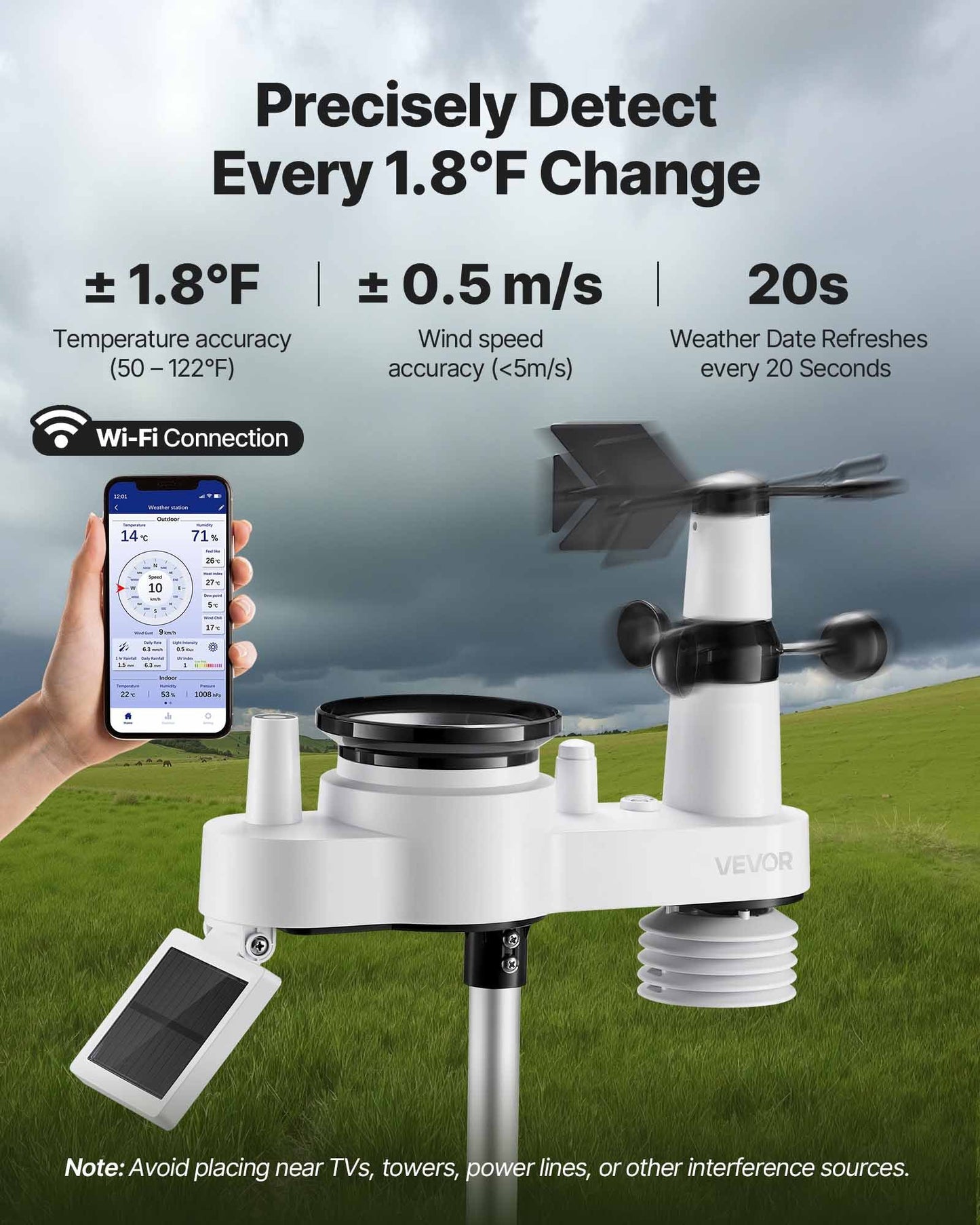 7-in-1 Wi-Fi Weather Station, 177.8 mm TFT Display, Wireless Solar Powered Outdoor Sensor, Rain Gauge, Indoor Outdoor for Weather Forecast, Wind Speed Direction, Temperature, Humidity, Rainfall