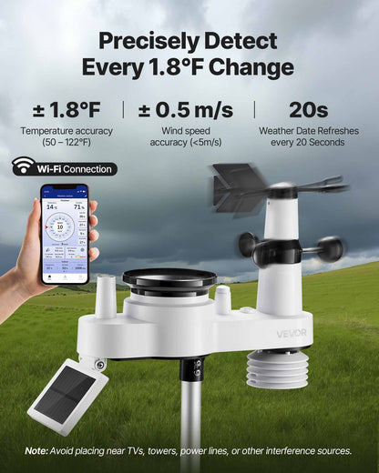 7-in-1 Wi-Fi Weather Station, 177.8 mm TFT Display, Wireless Solar Powered Outdoor Sensor, Rain Gauge, Indoor Outdoor for Weather Forecast, Wind Speed Direction, Temperature, Humidity, Rainfall