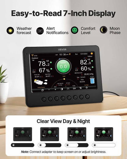 7-in-1 Wi-Fi Weather Station, 177.8 mm TFT Display, Wireless Solar Powered Outdoor Sensor, Rain Gauge, Indoor Outdoor for Weather Forecast, Wind Speed Direction, Temperature, Humidity, Rainfall