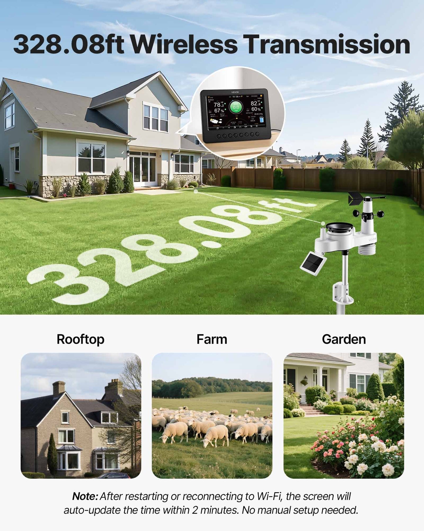7-in-1 Wi-Fi Weather Station, 177.8 mm TFT Display, Wireless Solar Powered Outdoor Sensor, Rain Gauge, Indoor Outdoor for Weather Forecast, Wind Speed Direction, Temperature, Humidity, Rainfall