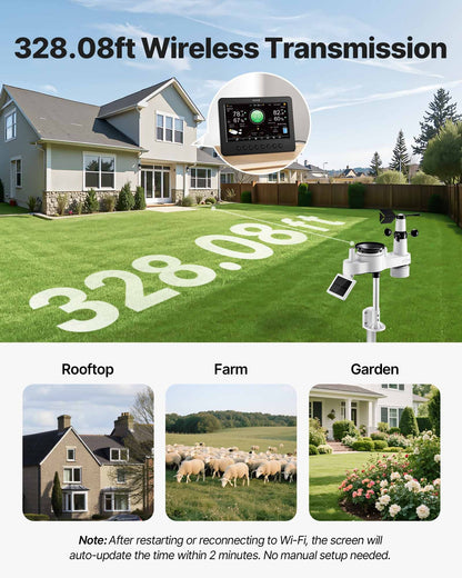 7-in-1 Wi-Fi Weather Station, 177.8 mm TFT Display, Wireless Solar Powered Outdoor Sensor, Rain Gauge, Indoor Outdoor for Weather Forecast, Wind Speed Direction, Temperature, Humidity, Rainfall