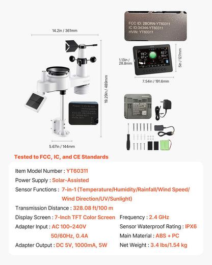 7-in-1 Wi-Fi Weather Station, 177.8 mm TFT Display, Wireless Solar Powered Outdoor Sensor, Rain Gauge, Indoor Outdoor for Weather Forecast, Wind Speed Direction, Temperature, Humidity, Rainfall