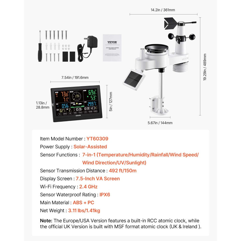 7-in-1 Wireless Weather Station 190.5 mm Display Indoor Outdoor Sensor