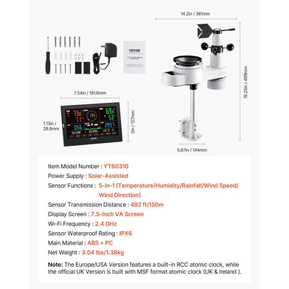5-in-1 Wireless Weather Station 190.5 mm Display Indoor Outdoor Sensor