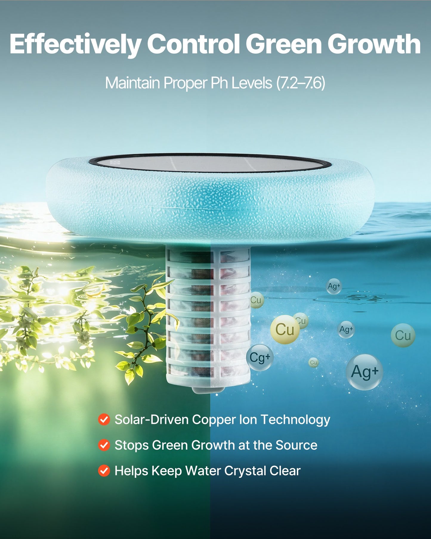 Solar Pool Ionizer, Hexagon Copper Pool Ionizer Up to 170343 L, Floating Automatic Water Cleaner and Purifier, Chlorine Free Water, with Copper Anode, Spring, Brush and Filter for Pools & Spas