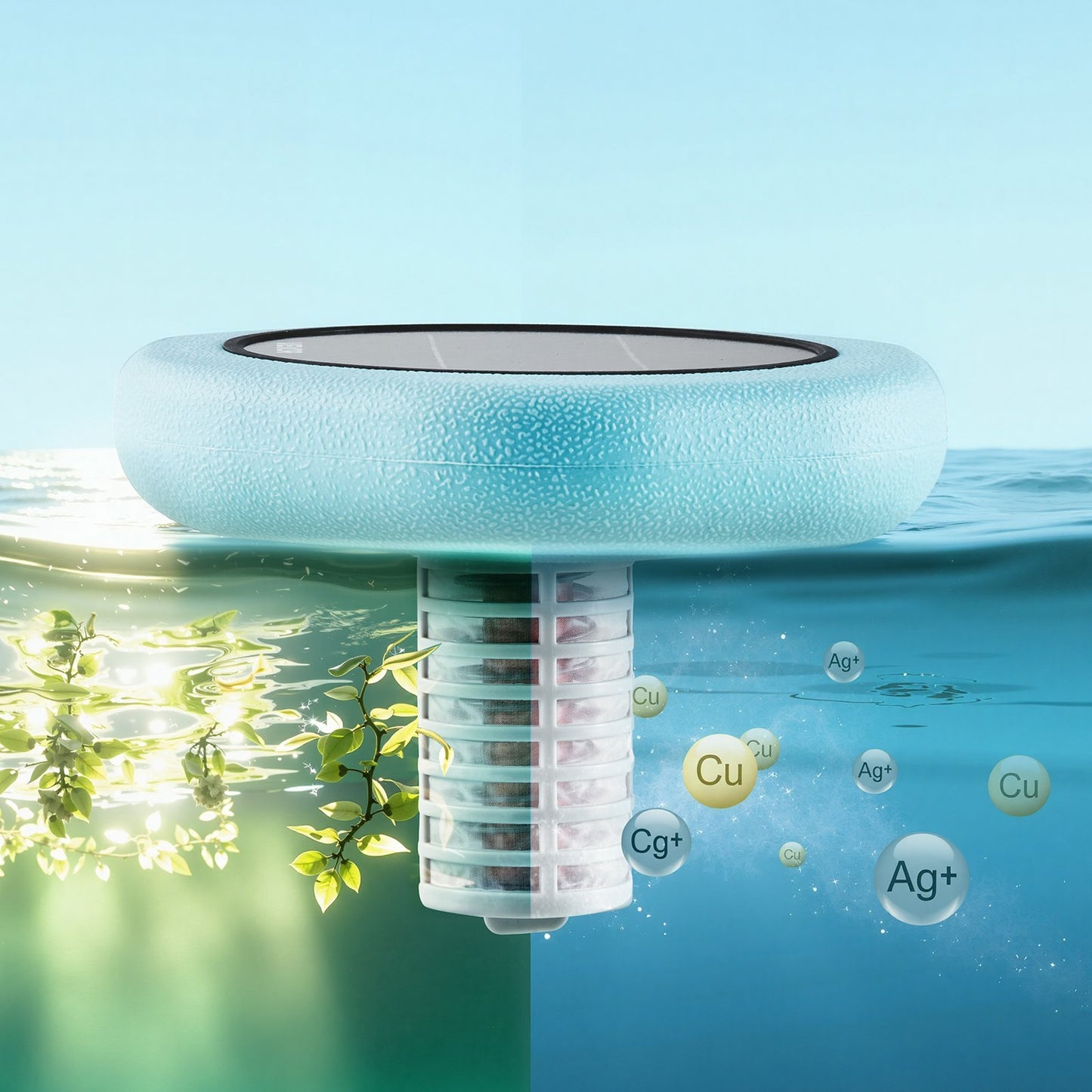 Solar Pool Ionizer, Hexagon Copper Pool Ionizer Up to 170343 L, Floating Automatic Water Cleaner and Purifier, Chlorine Free Water, with Copper Anode, Spring, Brush and Filter for Pools & Spas