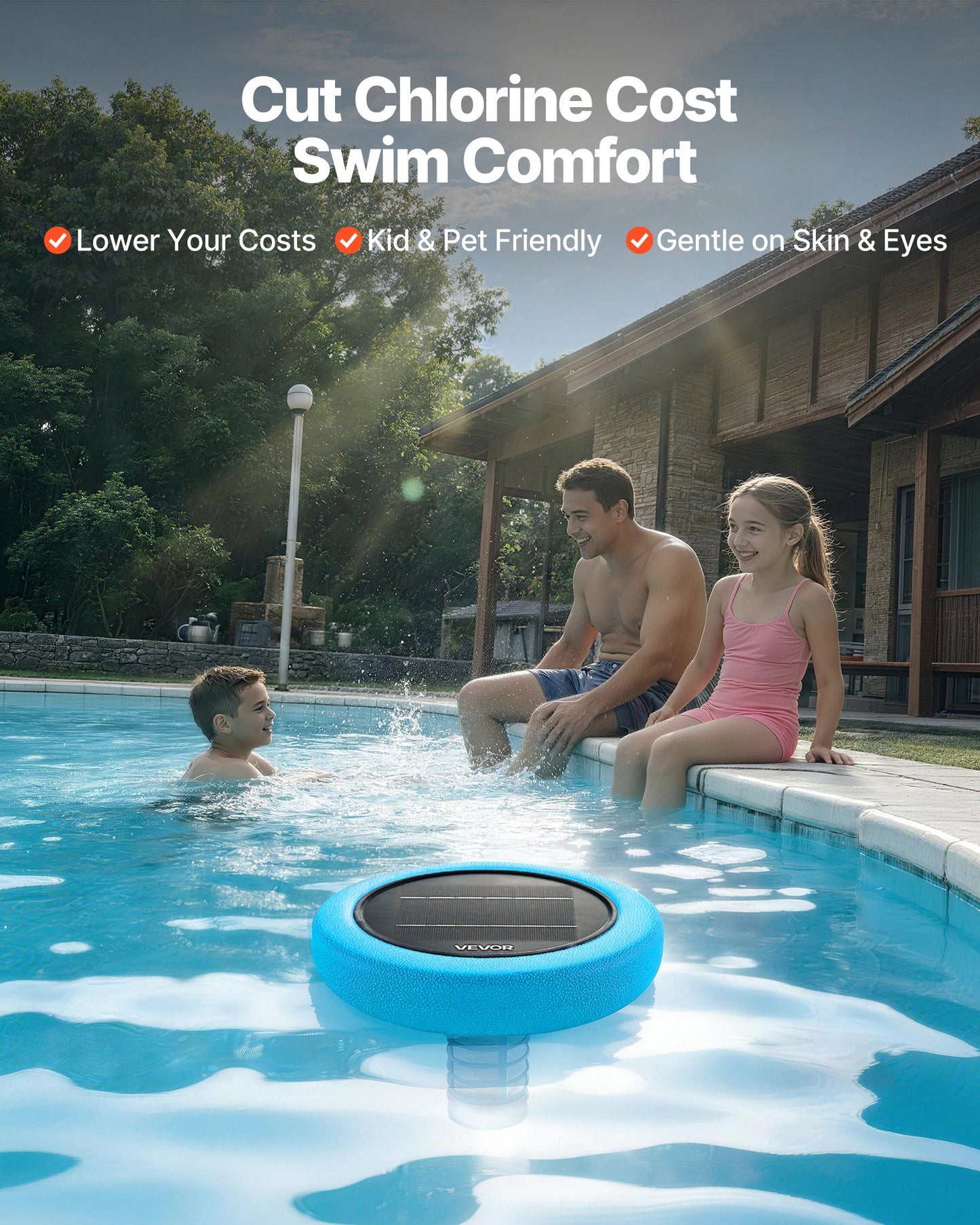 Solar Pool Ionizer, Round Copper Pool Ionizer Up to 170343 L, Floating Automatic Water Cleaner and Purifier, Chlorine Free Water, with Copper Anode, Spring, Brush and Filter for Pools & Spas