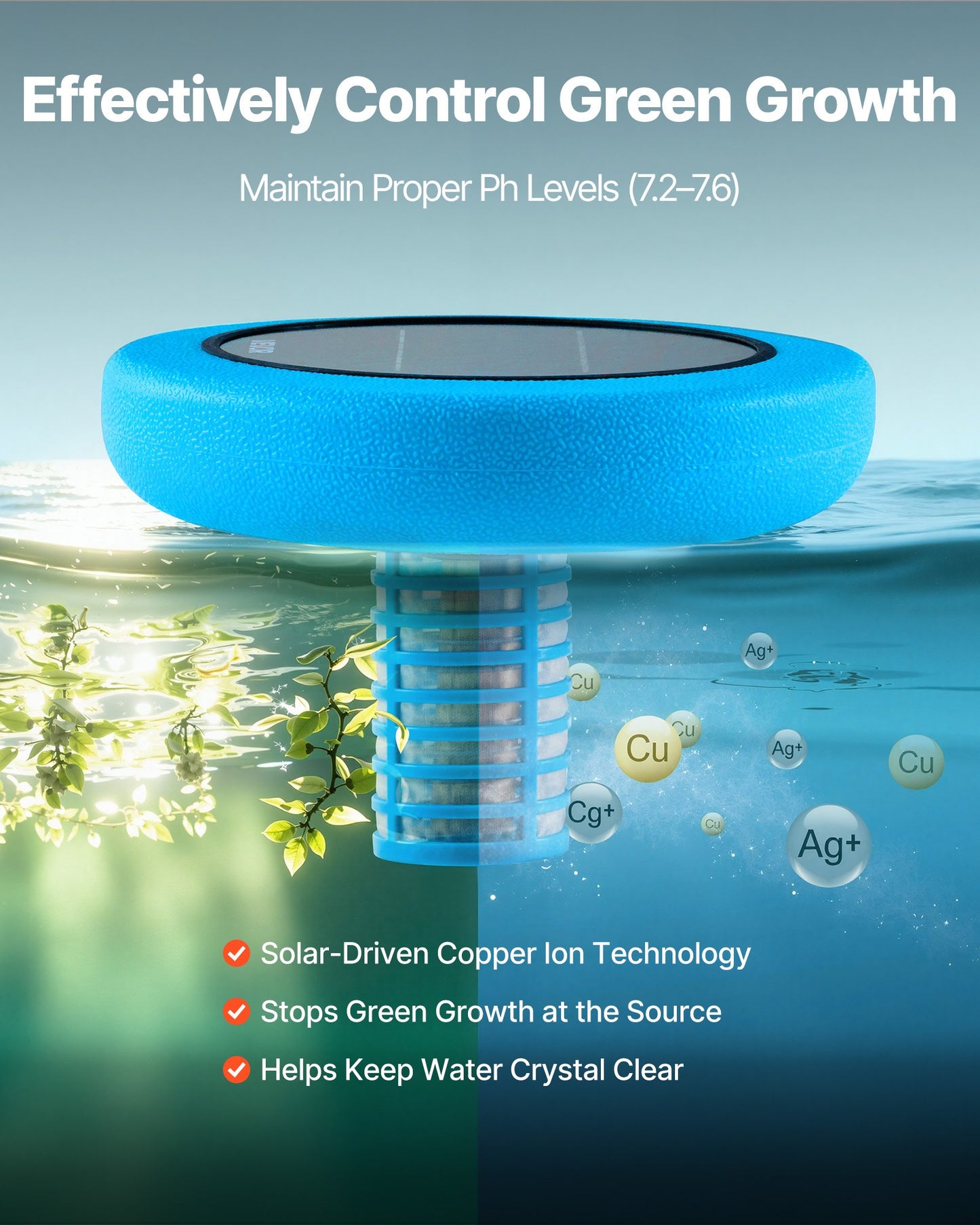 Solar Pool Ionizer, Round Copper Pool Ionizer Up to 170343 L, Floating Automatic Water Cleaner and Purifier, Chlorine Free Water, with Copper Anode, Spring, Brush and Filter for Pools & Spas