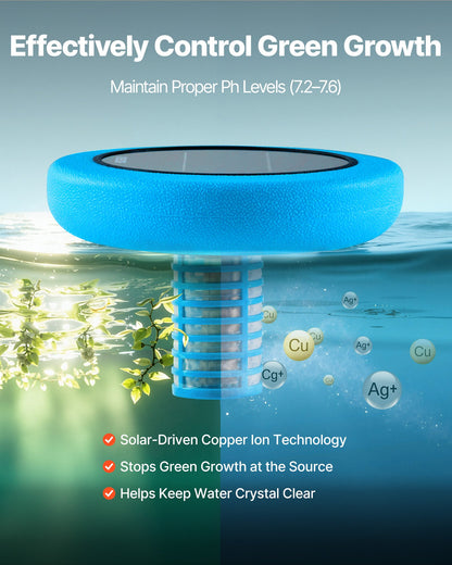 Solar Pool Ionizer, Round Copper Pool Ionizer Up to 170343 L, Floating Automatic Water Cleaner and Purifier, Chlorine Free Water, with Copper Anode, Spring, Brush and Filter for Pools & Spas