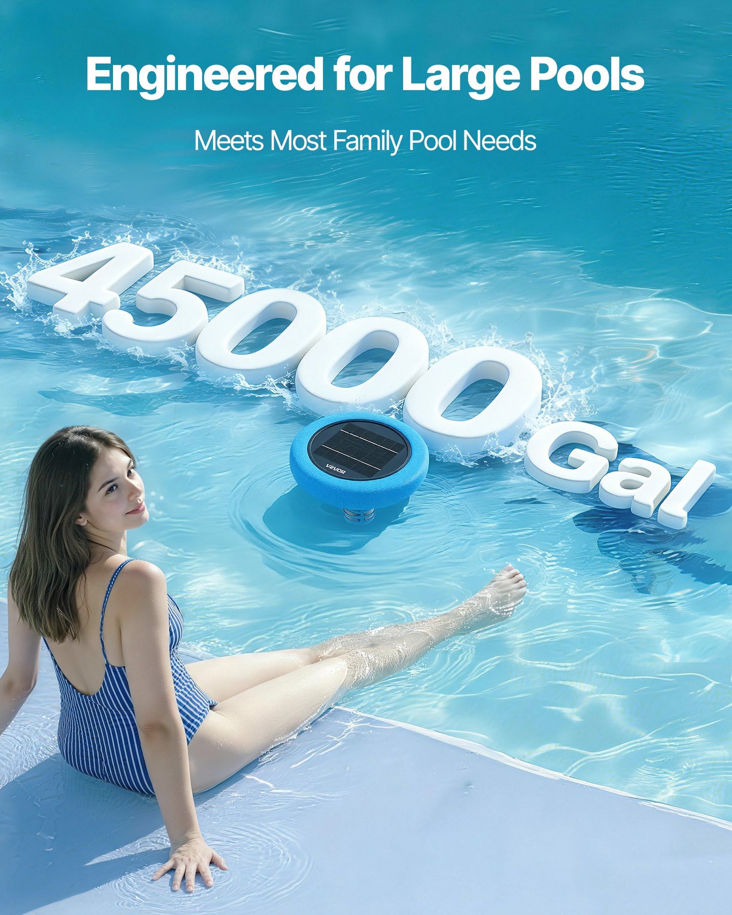 Solar Pool Ionizer, Round Copper Pool Ionizer Up to 170343 L, Floating Automatic Water Cleaner and Purifier, Chlorine Free Water, with Copper Anode, Spring, Brush and Filter for Pools & Spas