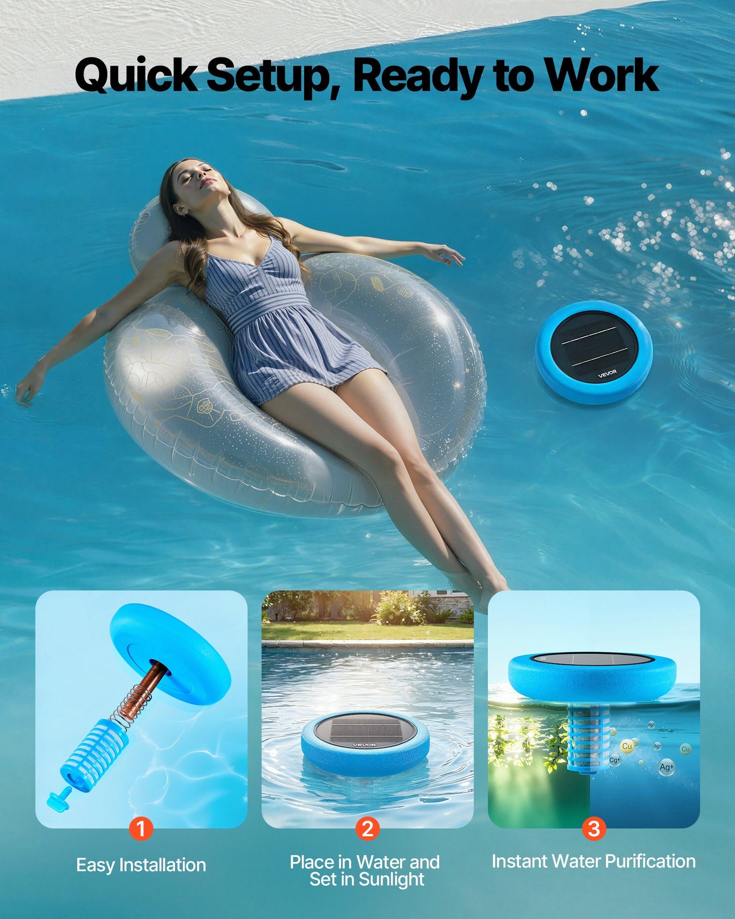 Solar Pool Ionizer, Round Copper Pool Ionizer Up to 170343 L, Floating Automatic Water Cleaner and Purifier, Chlorine Free Water, with Copper Anode, Spring, Brush and Filter for Pools & Spas