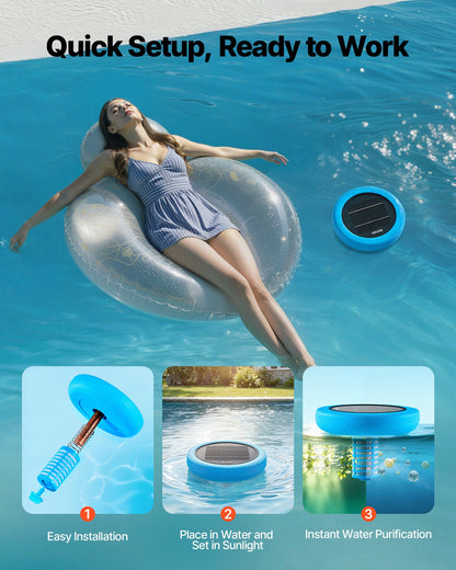 Solar Pool Ionizer, Round Copper Pool Ionizer Up to 170343 L, Floating Automatic Water Cleaner and Purifier, Chlorine Free Water, with Copper Anode, Spring, Brush and Filter for Pools & Spas
