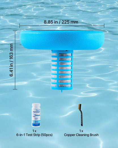 Solar Pool Ionizer, Round Copper Pool Ionizer Up to 170343 L, Floating Automatic Water Cleaner and Purifier, Chlorine Free Water, with Copper Anode, Spring, Brush and Filter for Pools & Spas