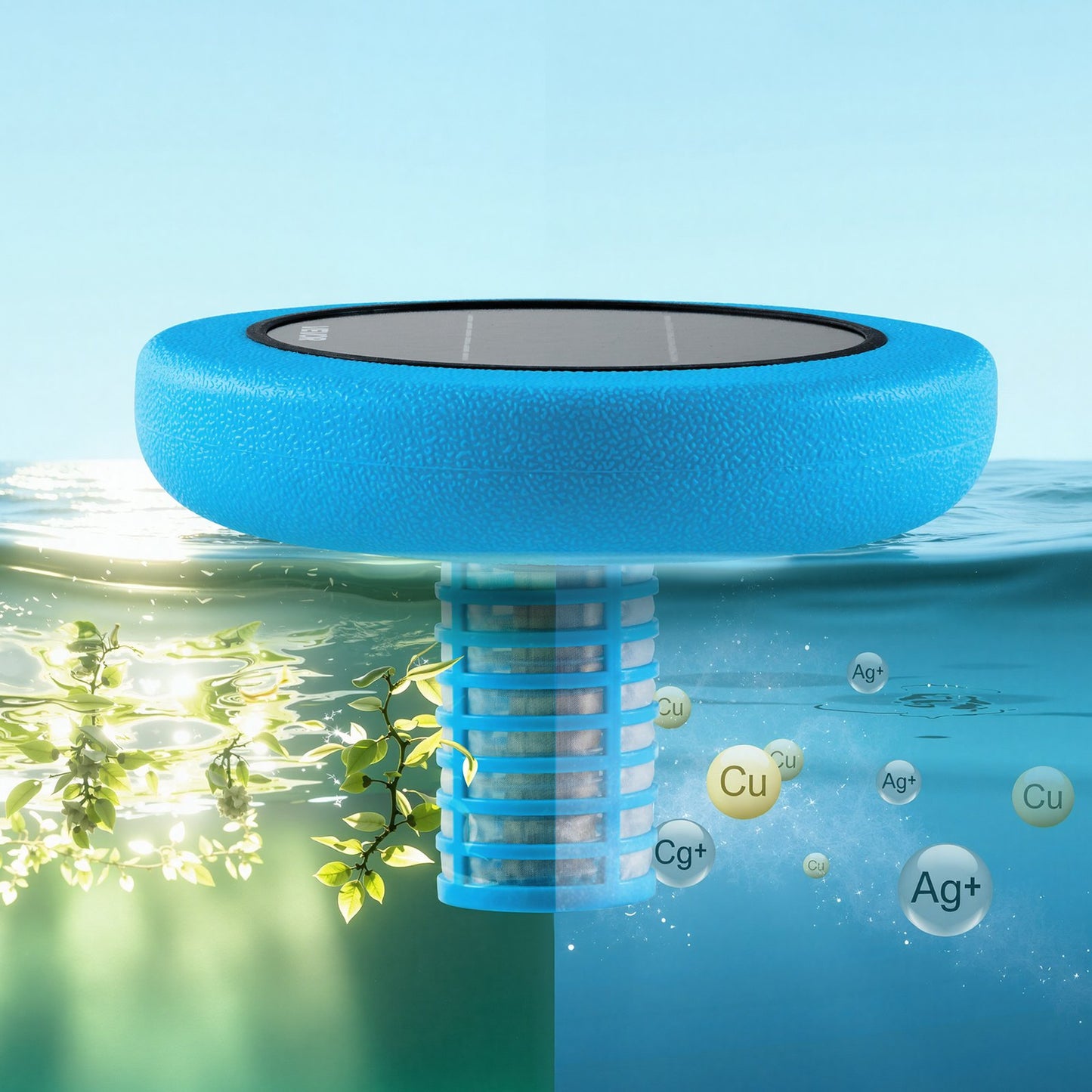 Solar Pool Ionizer, Round Copper Pool Ionizer Up to 170343 L, Floating Automatic Water Cleaner and Purifier, Chlorine Free Water, with Copper Anode, Spring, Brush and Filter for Pools & Spas