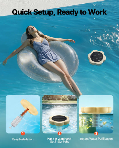 Solar Pool Ionizer, Petal Copper Pool Ionizer Up to 170343 L, Floating Automatic Water Cleaner and Purifier, Chlorine Free Water, with Copper Anode, Spring, Brush and Filter for Pools & Spas