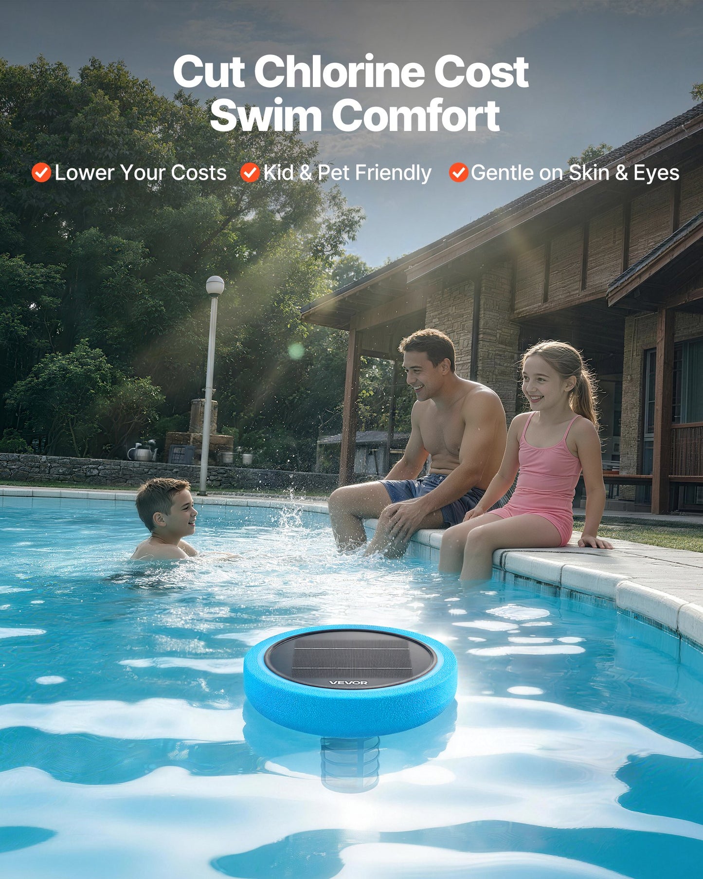 Solar Pool Ionizer, Round Copper Pool Ionizer Up to 132489 L, Floating Automatic Water Cleaner and Purifier, Chlorine Free Water, with Copper Anode, Spring, Brush and Filter for Pools & Spas