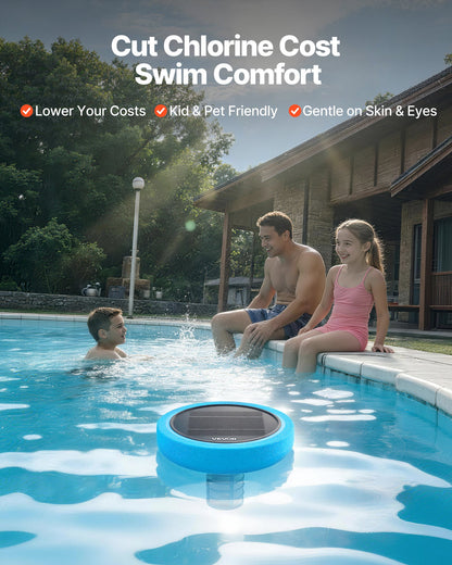 Solar Pool Ionizer, Round Copper Pool Ionizer Up to 132489 L, Floating Automatic Water Cleaner and Purifier, Chlorine Free Water, with Copper Anode, Spring, Brush and Filter for Pools & Spas