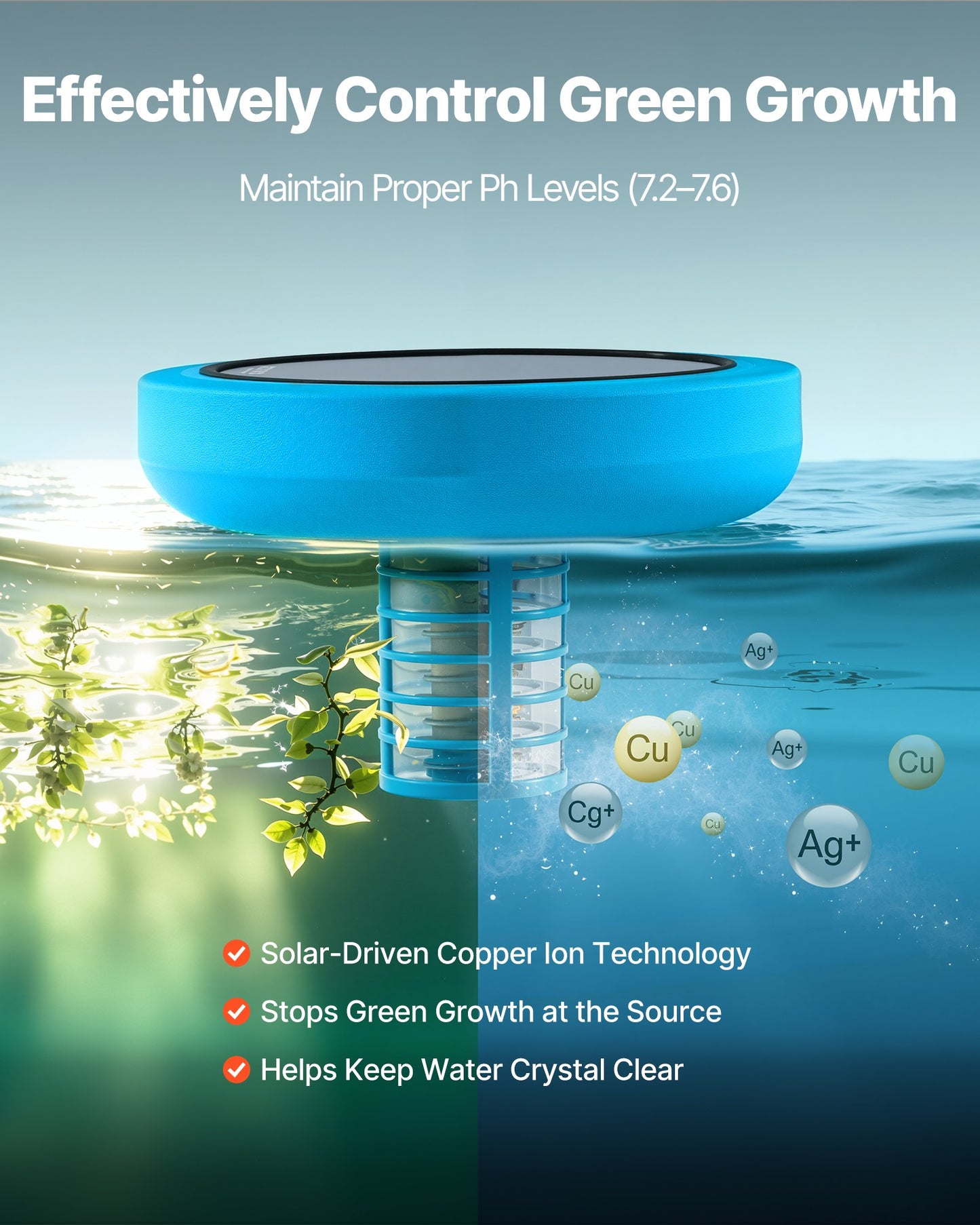 Solar Pool Ionizer, Round Copper Pool Ionizer Up to 132489 L, Floating Automatic Water Cleaner and Purifier, Chlorine Free Water, with Copper Anode, Spring, Brush and Filter for Pools & Spas