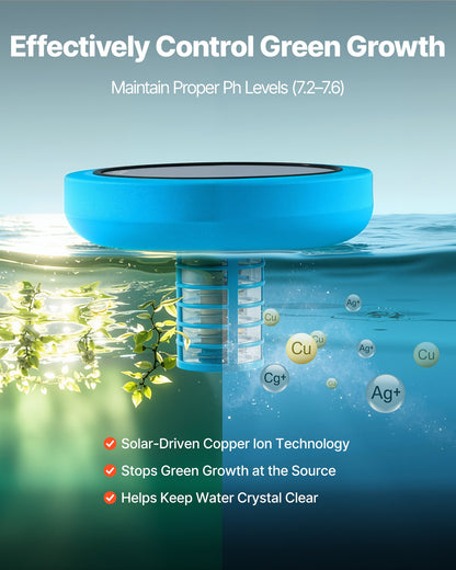 Solar Pool Ionizer, Round Copper Pool Ionizer Up to 132489 L, Floating Automatic Water Cleaner and Purifier, Chlorine Free Water, with Copper Anode, Spring, Brush and Filter for Pools & Spas
