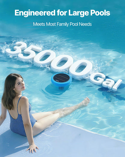 Solar Pool Ionizer, Round Copper Pool Ionizer Up to 132489 L, Floating Automatic Water Cleaner and Purifier, Chlorine Free Water, with Copper Anode, Spring, Brush and Filter for Pools & Spas