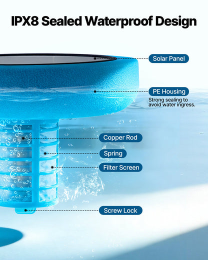 Solar Pool Ionizer, Round Copper Pool Ionizer Up to 132489 L, Floating Automatic Water Cleaner and Purifier, Chlorine Free Water, with Copper Anode, Spring, Brush and Filter for Pools & Spas