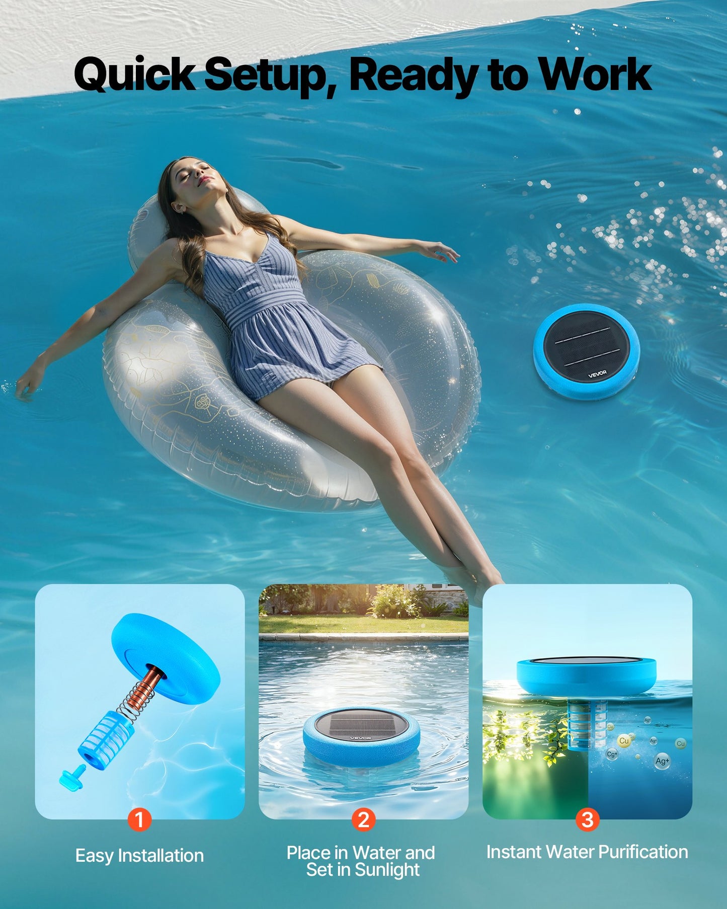 Solar Pool Ionizer, Round Copper Pool Ionizer Up to 132489 L, Floating Automatic Water Cleaner and Purifier, Chlorine Free Water, with Copper Anode, Spring, Brush and Filter for Pools & Spas