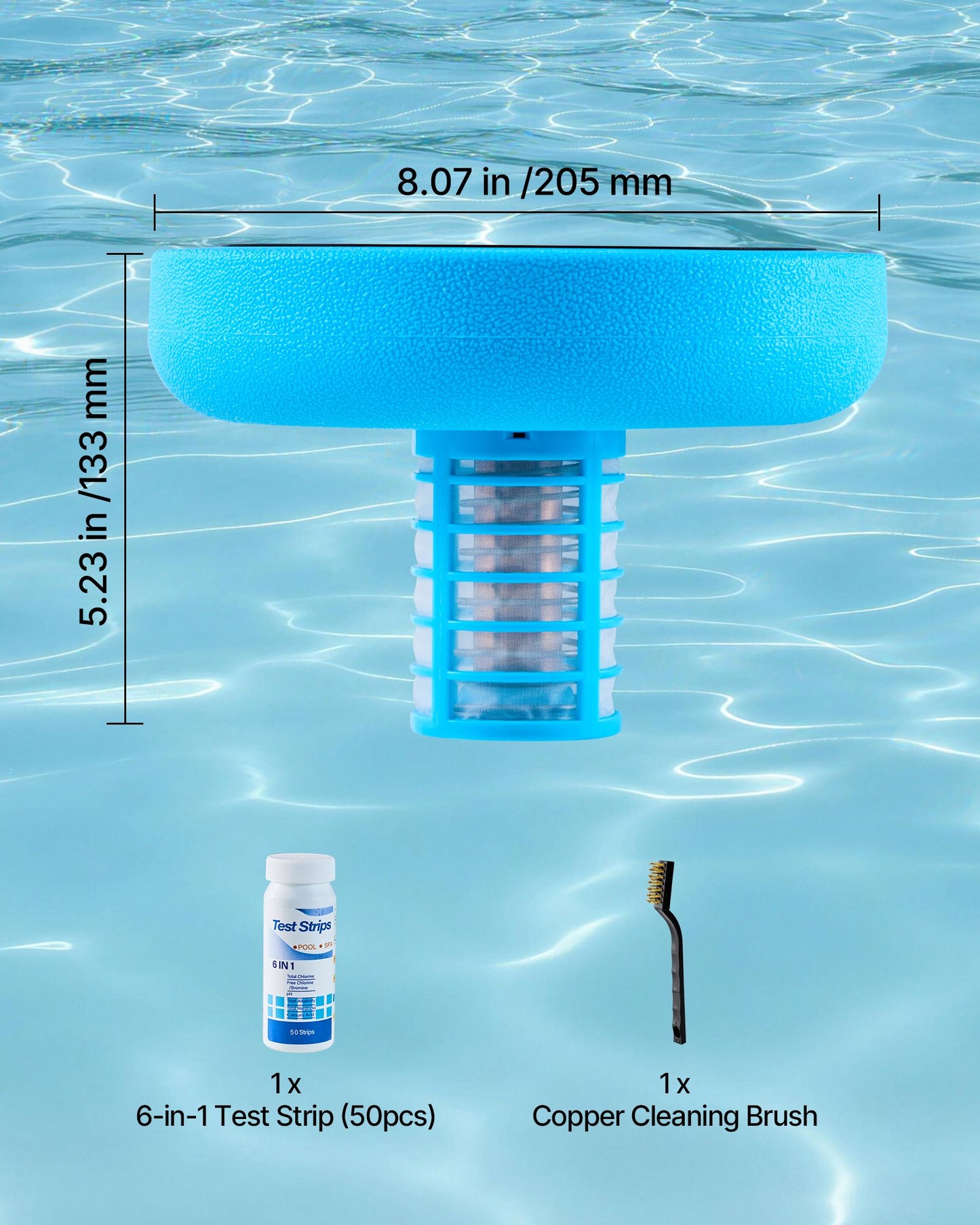 Solar Pool Ionizer, Round Copper Pool Ionizer Up to 132489 L, Floating Automatic Water Cleaner and Purifier, Chlorine Free Water, with Copper Anode, Spring, Brush and Filter for Pools & Spas