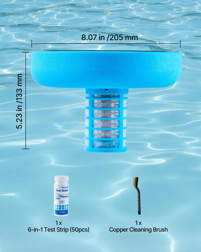 Solar Pool Ionizer, Round Copper Pool Ionizer Up to 132489 L, Floating Automatic Water Cleaner and Purifier, Chlorine Free Water, with Copper Anode, Spring, Brush and Filter for Pools & Spas