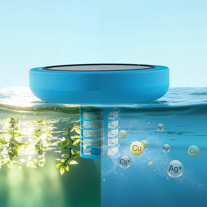 Solar Pool Ionizer, Round Copper Pool Ionizer Up to 132489 L, Floating Automatic Water Cleaner and Purifier, Chlorine Free Water, with Copper Anode, Spring, Brush and Filter for Pools & Spas