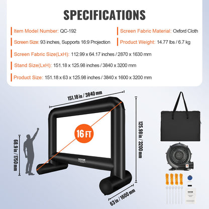 VEVOR Inflatable Movie Screen, 16 FT Inflatable Projector Screen for Outside with