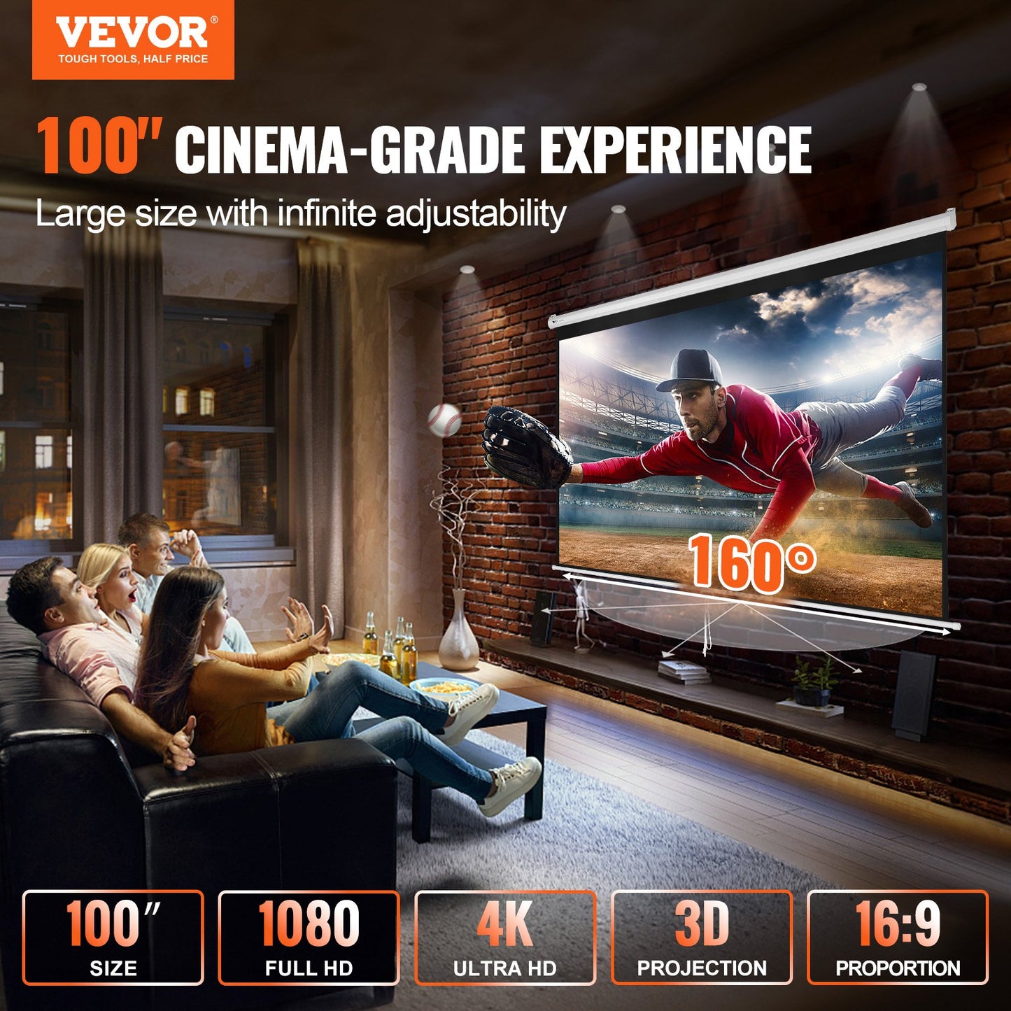 Manual Pull Down Projector Screen, 100 inch 16:9 4K 1080 HD Retractable Projector Screen, Auto-Locking Portable Projection Screen, Portable Projector Movie Screen for Family Home Office Theater