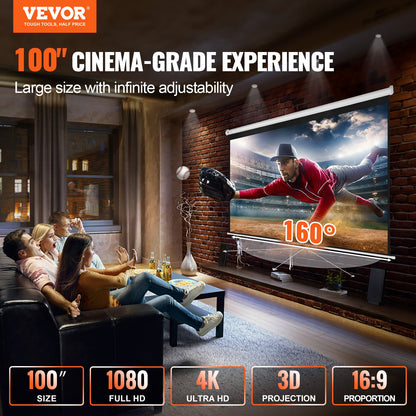 Manual Pull Down Projector Screen, 100 inch 16:9 4K 1080 HD Retractable Projector Screen, Auto-Locking Portable Projection Screen, Portable Projector Movie Screen for Family Home Office Theater