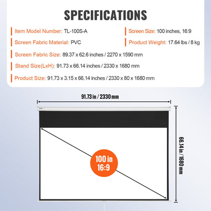 Manual Pull Down Projector Screen, 100 inch 16:9 4K 1080 HD Retractable Projector Screen, Auto-Locking Portable Projection Screen, Portable Projector Movie Screen for Family Home Office Theater