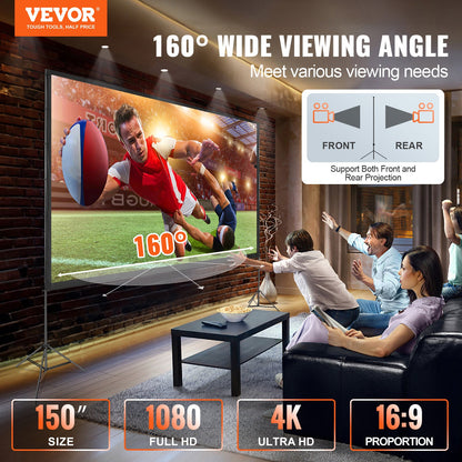 VEVOR Projector Screen with Stand, 150 inch 16:9 4K 1080 HD Outdoor Movie Screen