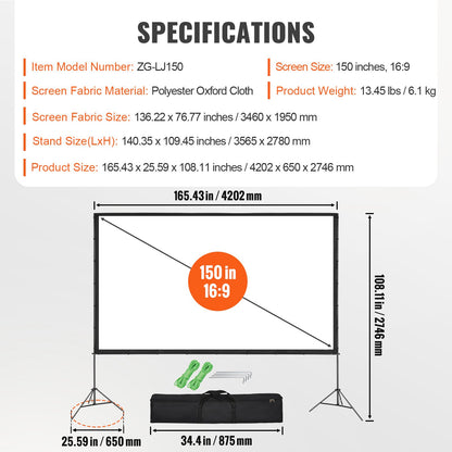VEVOR Projector Screen with Stand, 150 inch 16:9 4K 1080 HD Outdoor Movie Screen