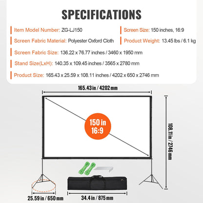 150-Inch 4K HD Outdoor Projector Screen with Stand, Wrinkle-Free & Portable