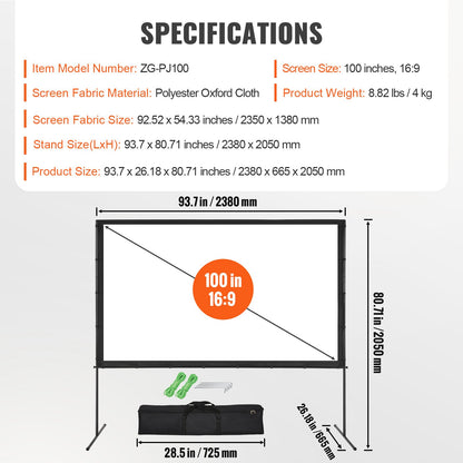 VEVOR Projector Screen with Stand, 100 inch 16:9 4K 1080 HD Outdoor Movie Screen