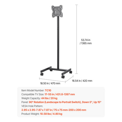 VEVOR Rolling TV Stand Mobile TV Cart Holds Up to 20 kg for 17-55 Inch Screens