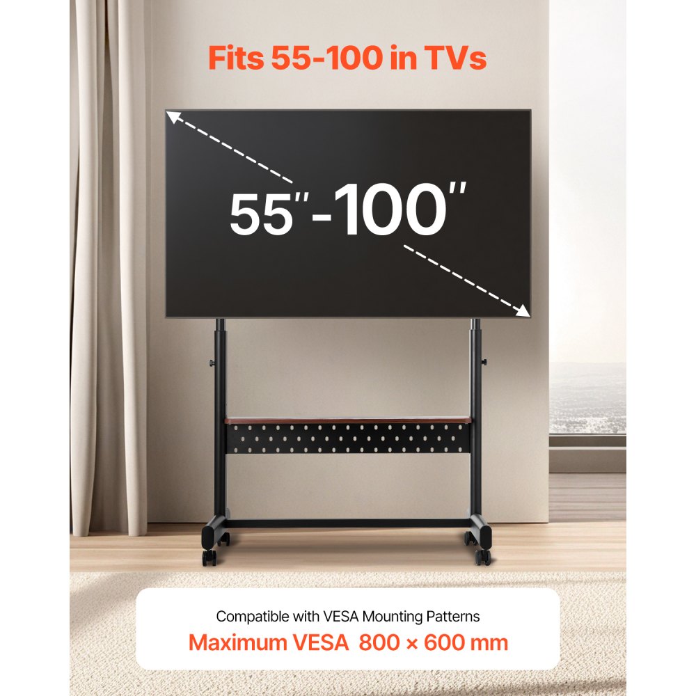 VEVOR Rolling TV Stand Mobile TV Cart Holds Up to 92.99 kg for 55-100 Inch TVs
