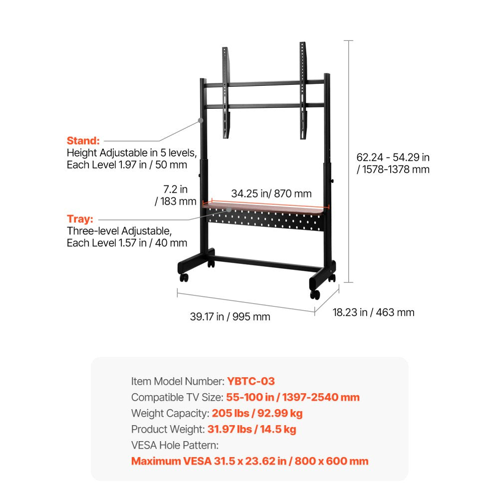 VEVOR Rolling TV Stand Mobile TV Cart Holds Up to 92.99 kg for 55-100 Inch TVs